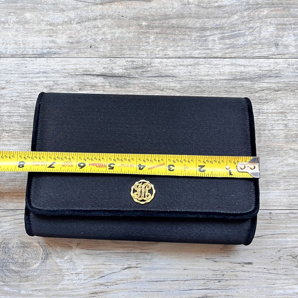 Bienen-Davis Black Satin Clutch Evening Bag Gold Monogram Clasp Vintage - Picture 6 of 8